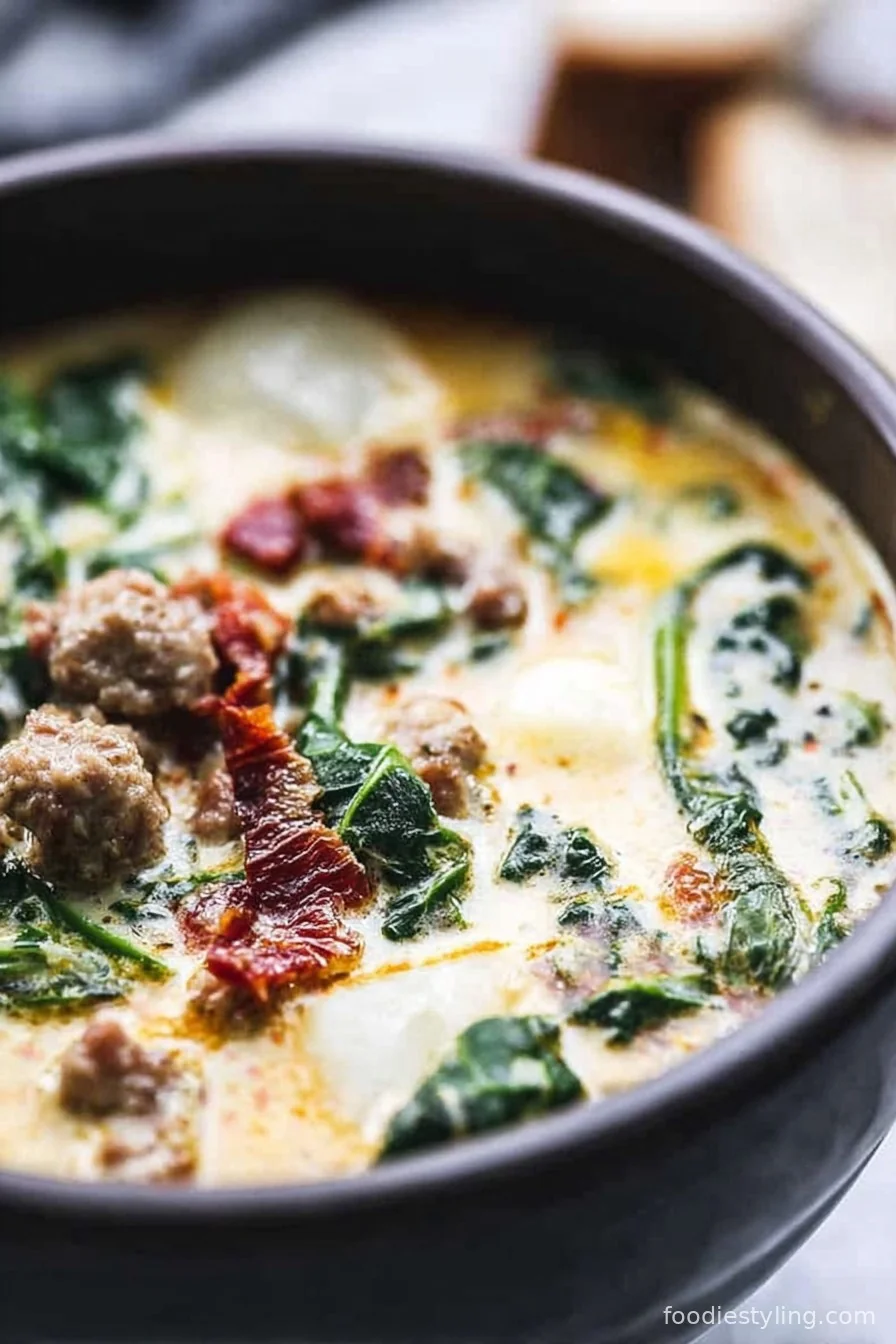 A steaming bowl of creamy Zuppa Toscana soup garnished with crispy bacon and fresh kale.