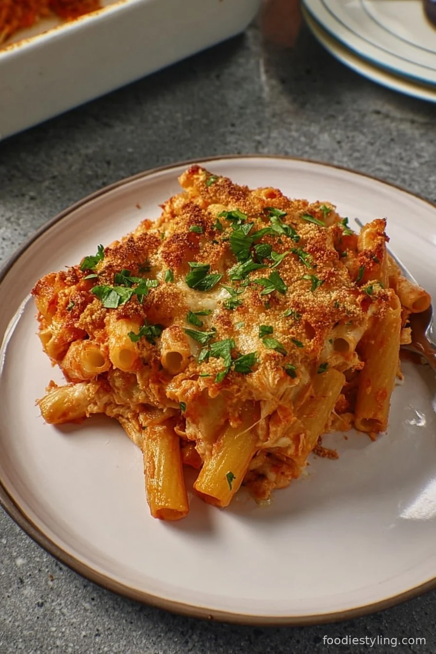 Bubbling, golden cheesy ziti casserole in a white baking dish