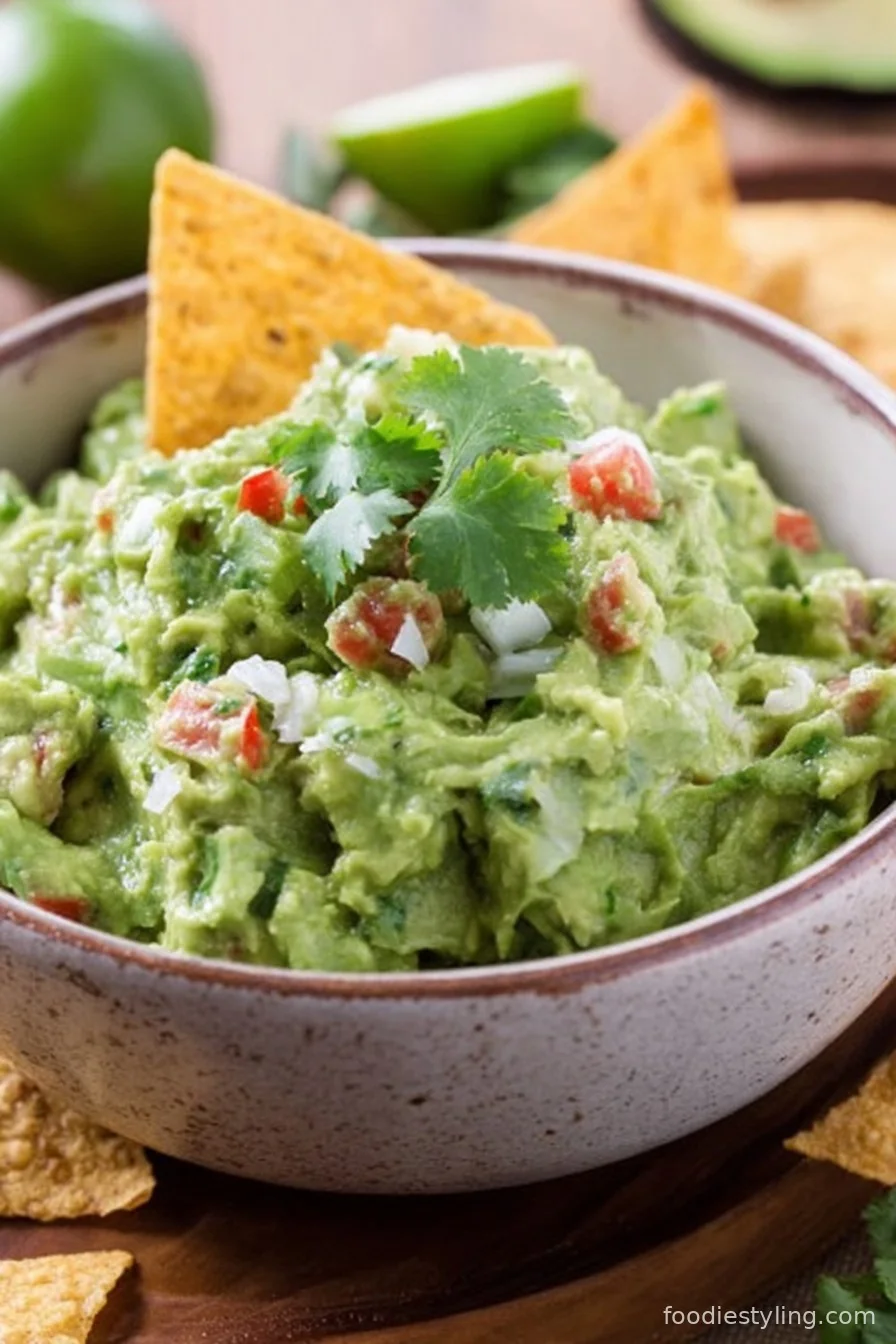 A bowl of creamy, chunky guacamole surrounded by tortilla chips