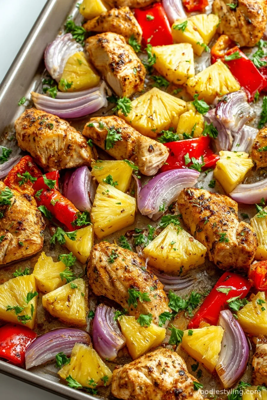Hawaiian Chicken Sheet Pan bursting with pineapple and bell peppers