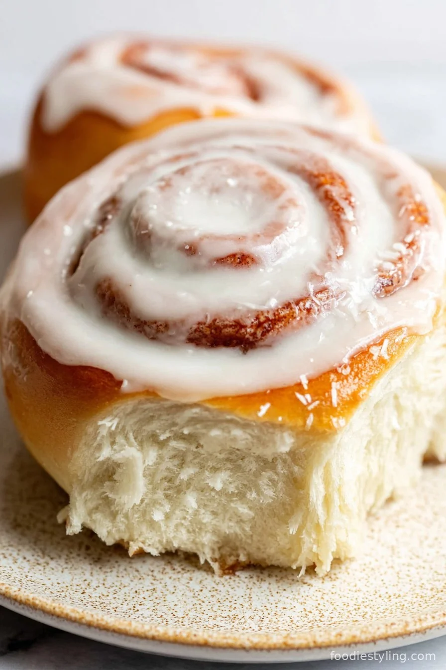 Freshly baked cinnamon rolls on a tray, drizzled with creamy icing