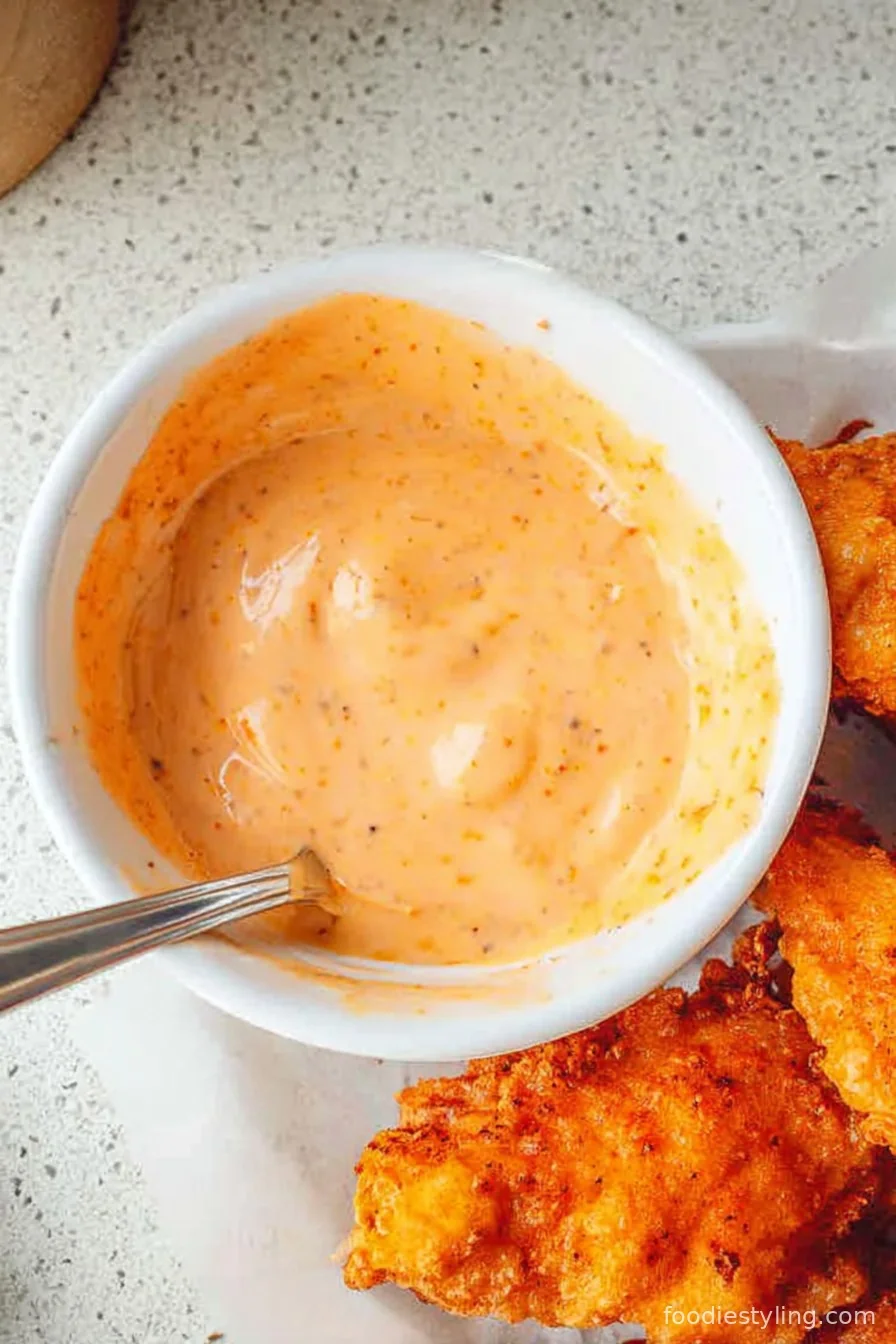 Mouthwatering crispy chicken tenders and homemade Cane's sauce, served on a platter alongside fries and coleslaw
