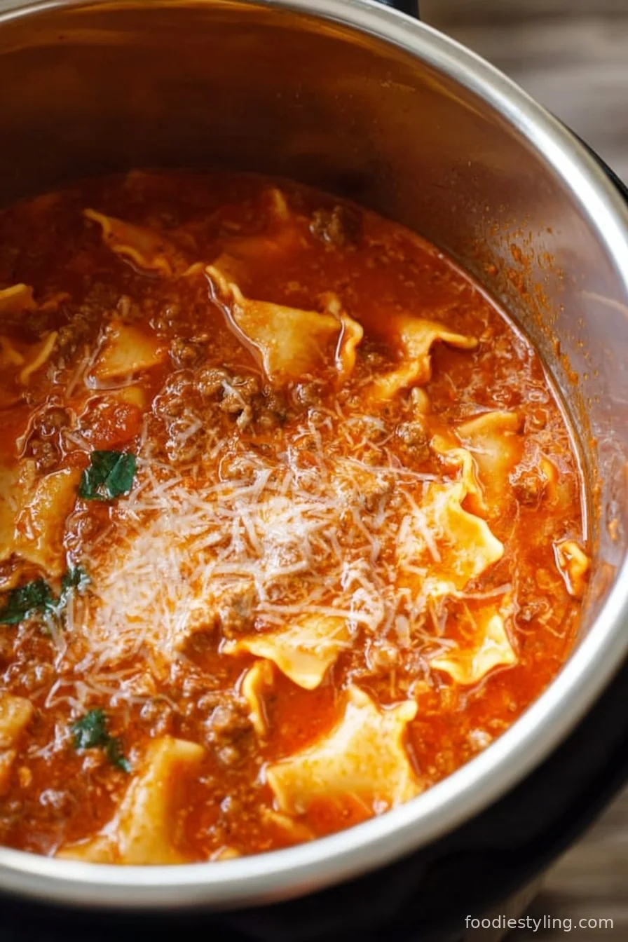 A steaming bowl of Instant Pot Lasagna Soup with bubbling cheese and herbs