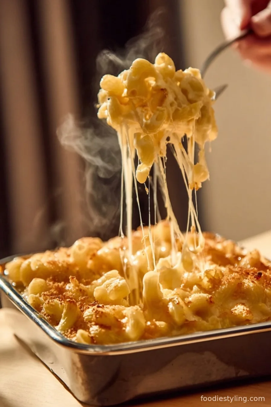 A bubbling dish of golden baked Mac and Cheese with a crispy cheese crust