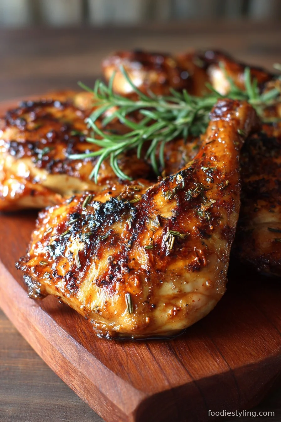 Juicy Macedonian Spiced Chicken plated with herbs and lemon wedges