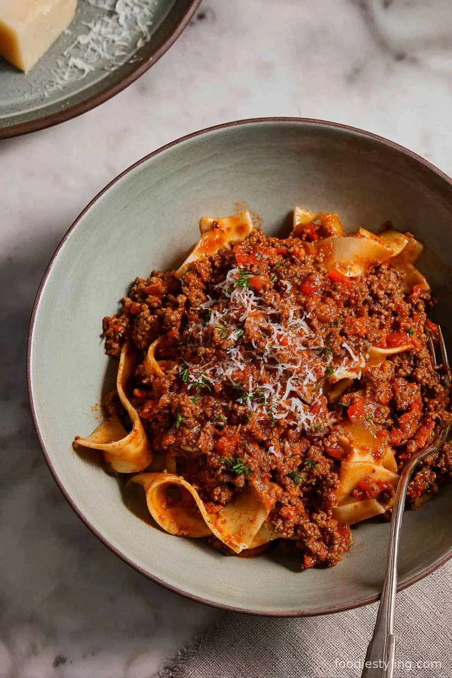 Marcella Hazan's Bolognese Sauce served over tagliatelle with parmesan