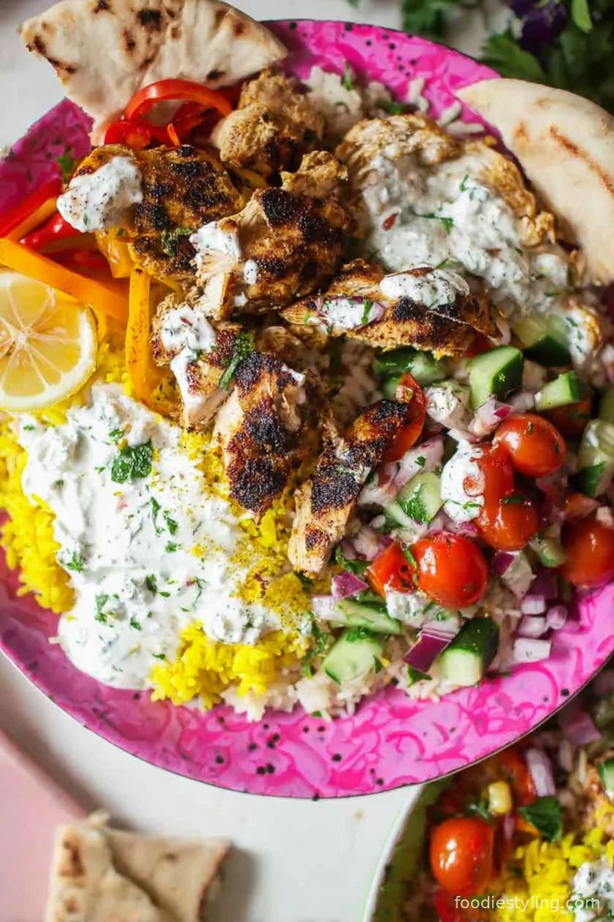 Colorful bowl of Mediterranean Chicken Rice Bowls with lemon wedges, hummus, and fresh veggies