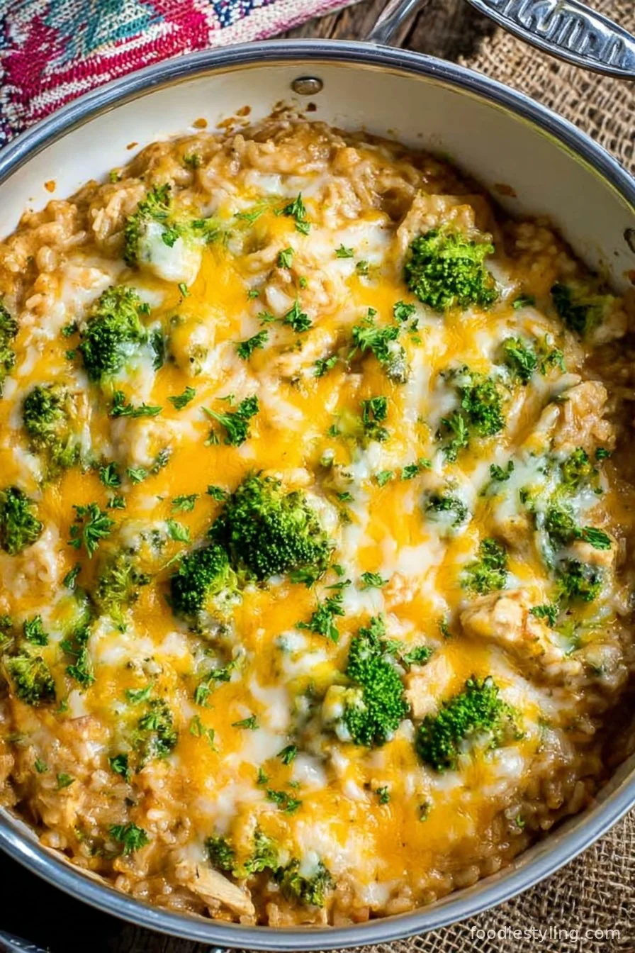 Cheesy Chicken Broccoli Rice Casserole in a pot with golden melted cheese on top