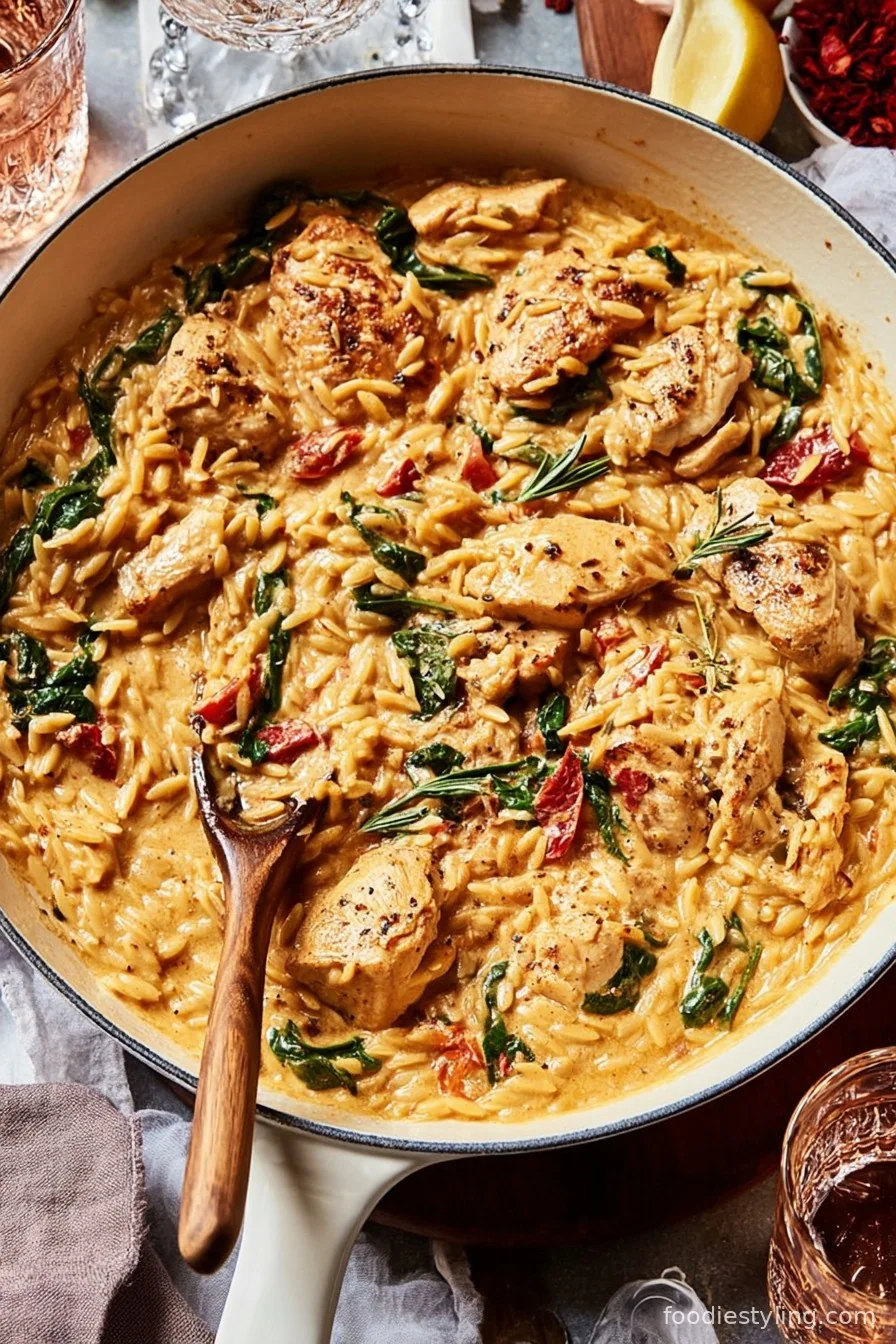 One-Pan Marry Me Chicken Orzo bubbling golden in a skillet, sprinkled with fresh basil