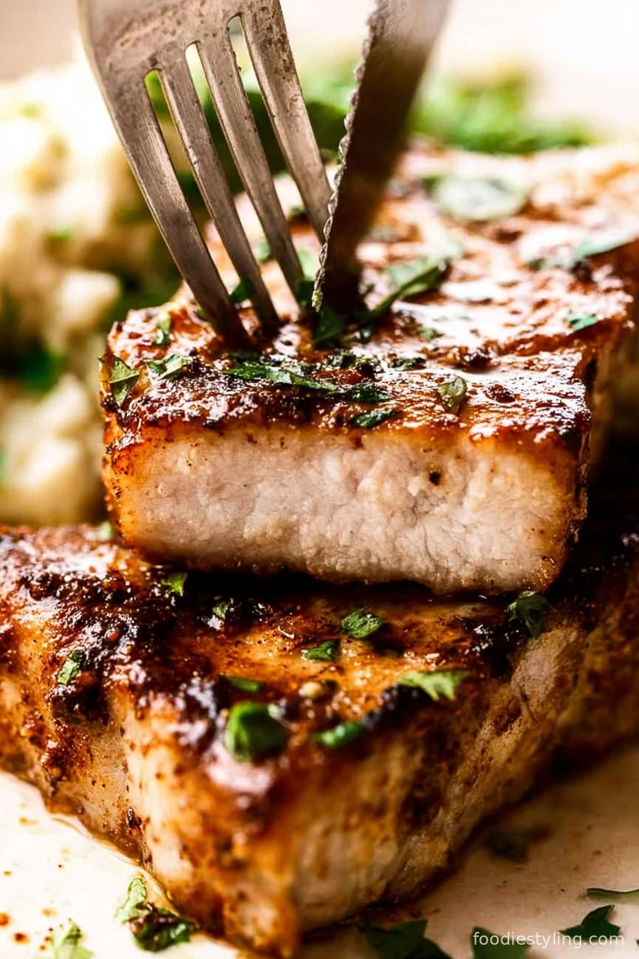 Juicy, golden brown oven baked bone-in pork chops fresh from the oven