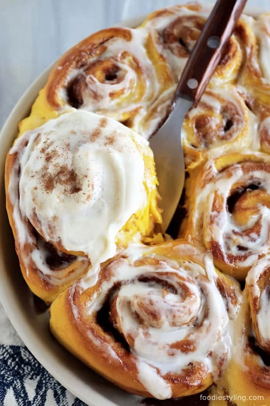 Freshly baked Pumpkin Cinnamon Rolls on a white platter, drizzled with cream cheese glaze