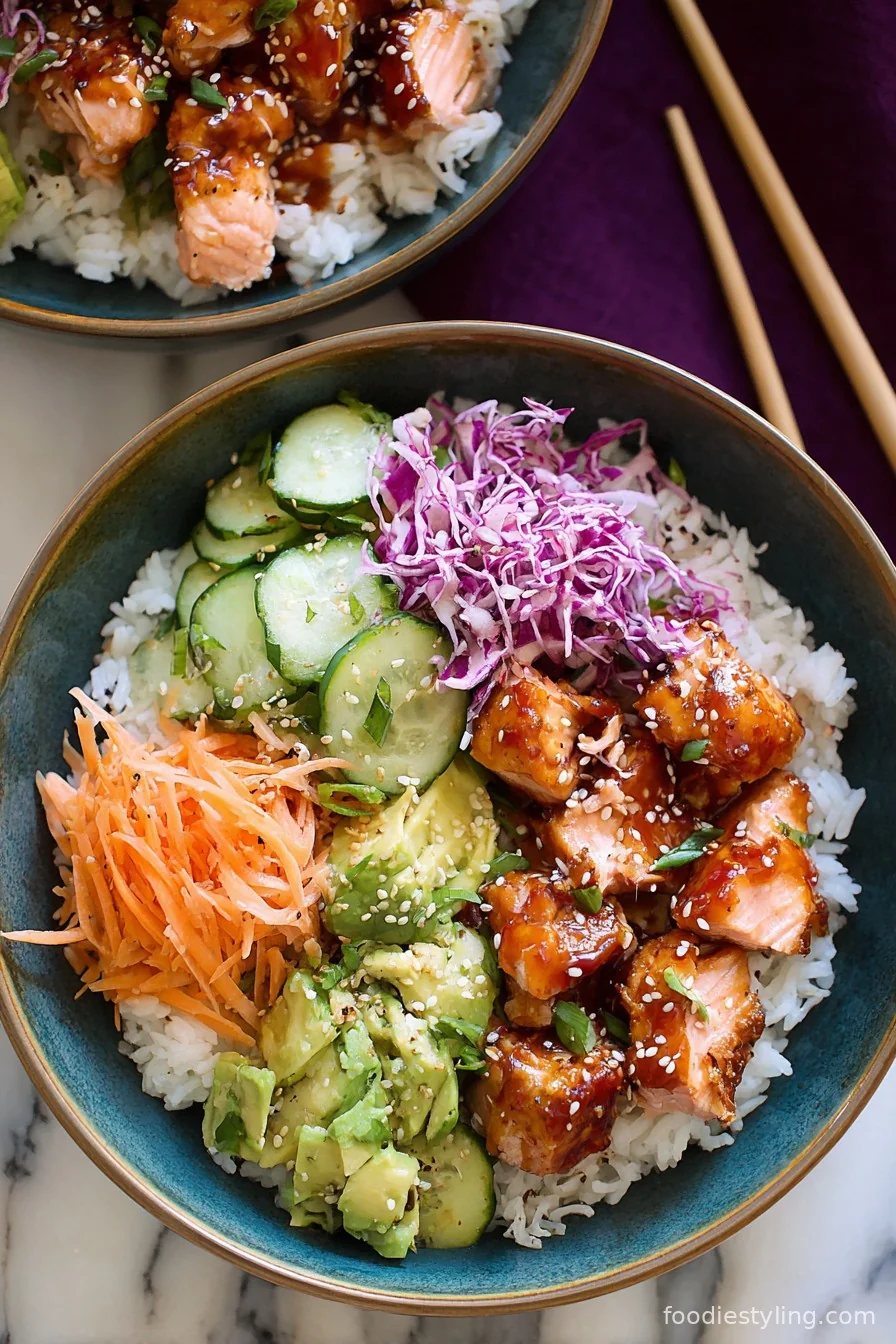 Salmon Rice Bowl with veggies, drizzle of soy-ginger sauce, and fresh green onions