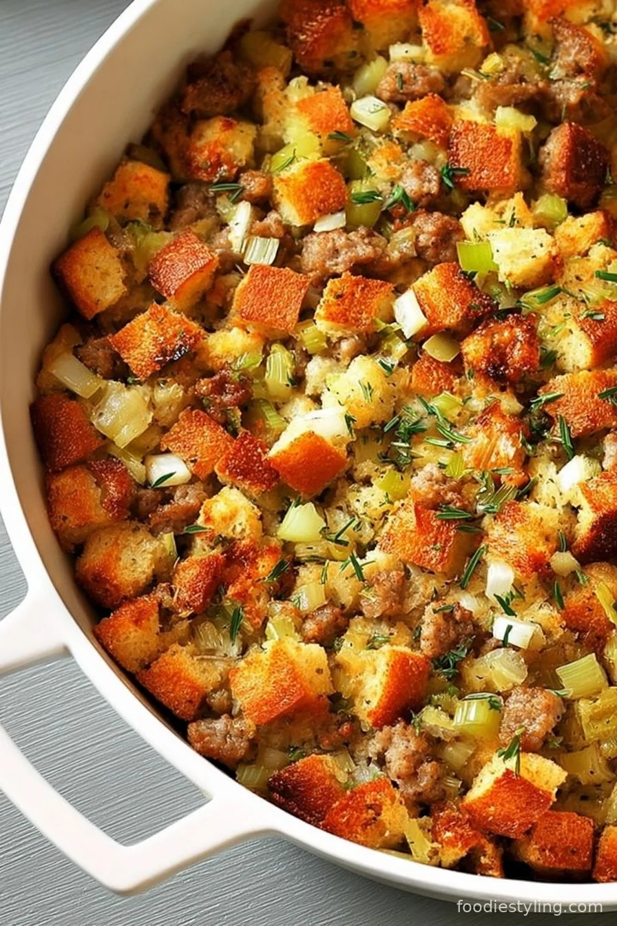 Golden, crispy homemade Sausage Stuffing in a casserole dish