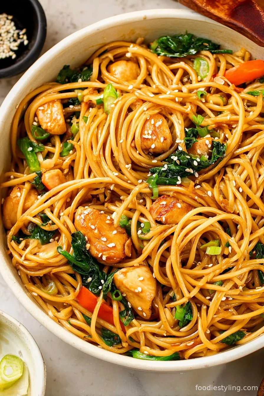 A delicious bowl of Sesame Chicken Lo Mein topped with green onions and sesame seeds