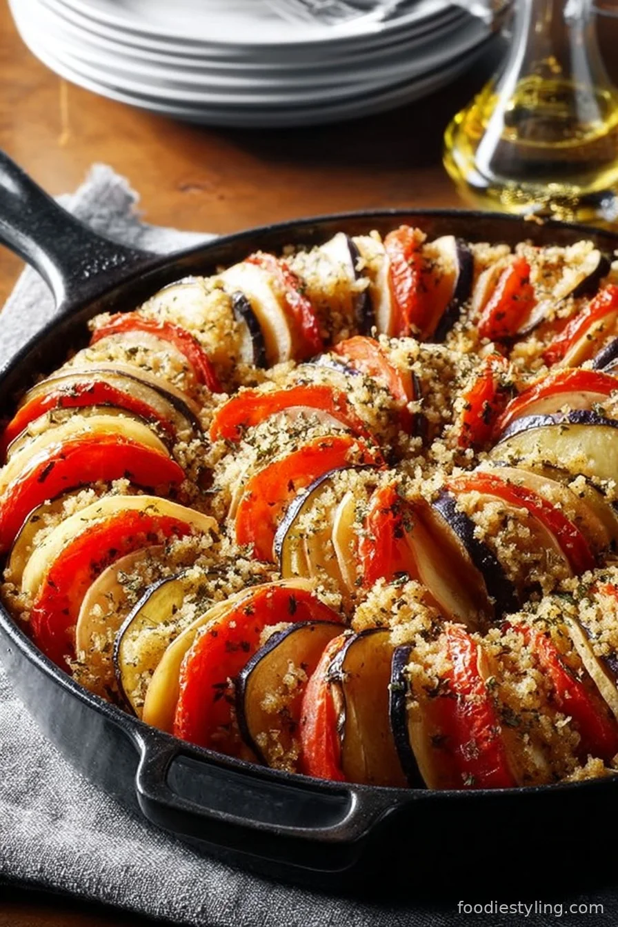 A colorful, baked casserole of layered zucchini, tomatoes, and potatoes topped with herbs and cheese