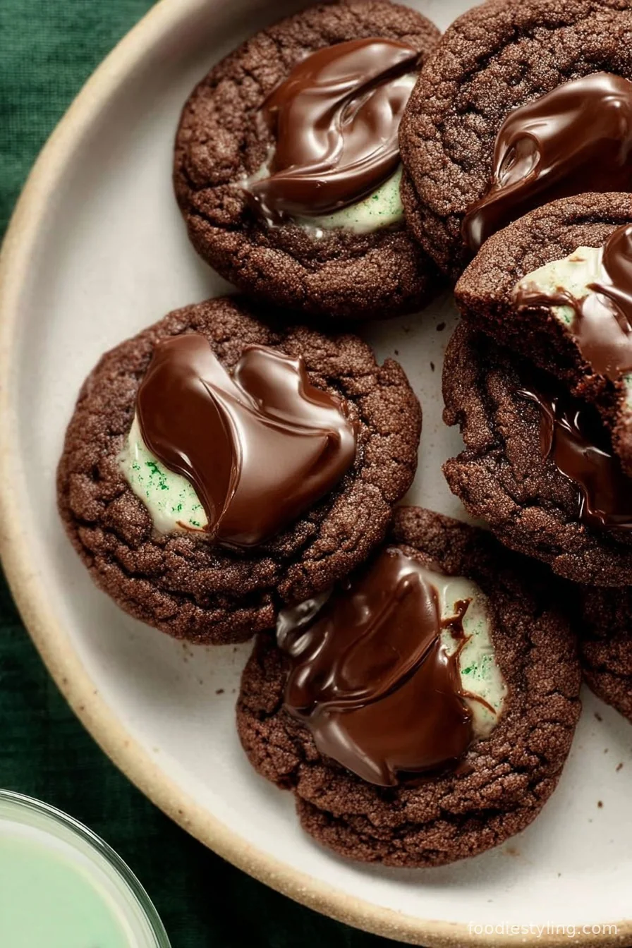Rich, fudgy Andes Mint Chocolate Cookies stacked on a plate