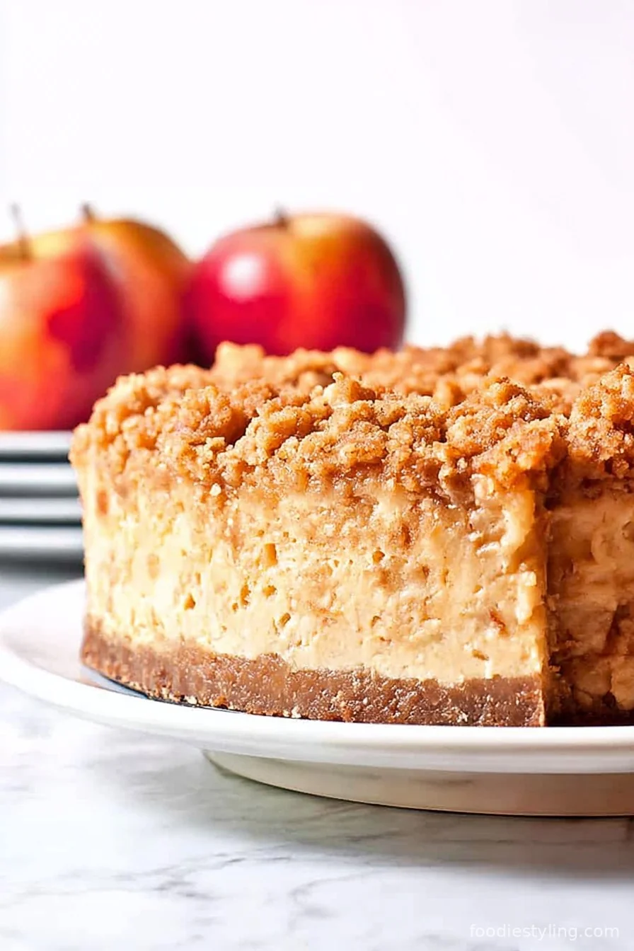 Apple Crisp Cheesecake layered with tender apples and oat crumble, ready for slicing