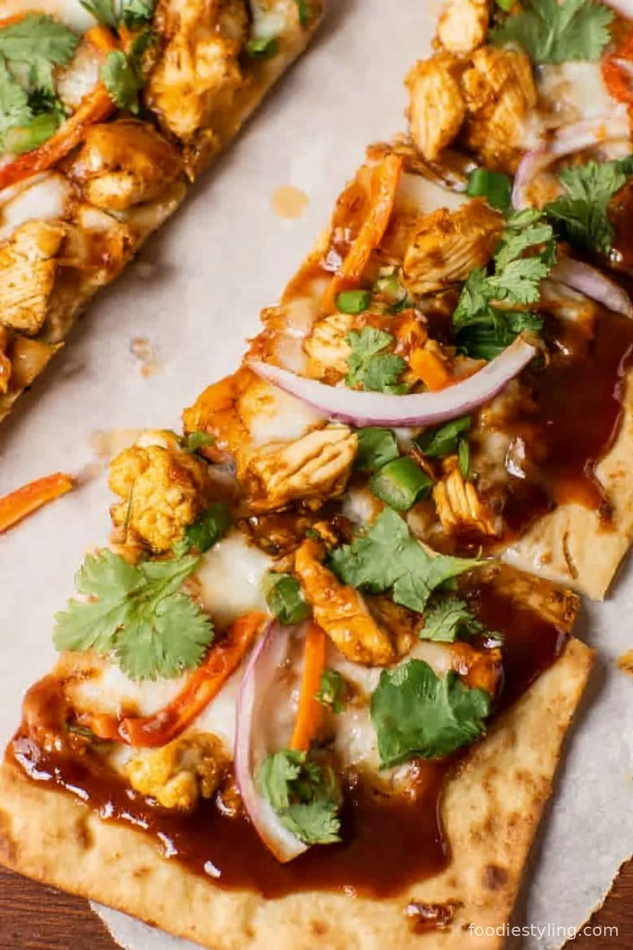 BBQ Chicken Flatbread topped with gooey cheese and vibrant green onions