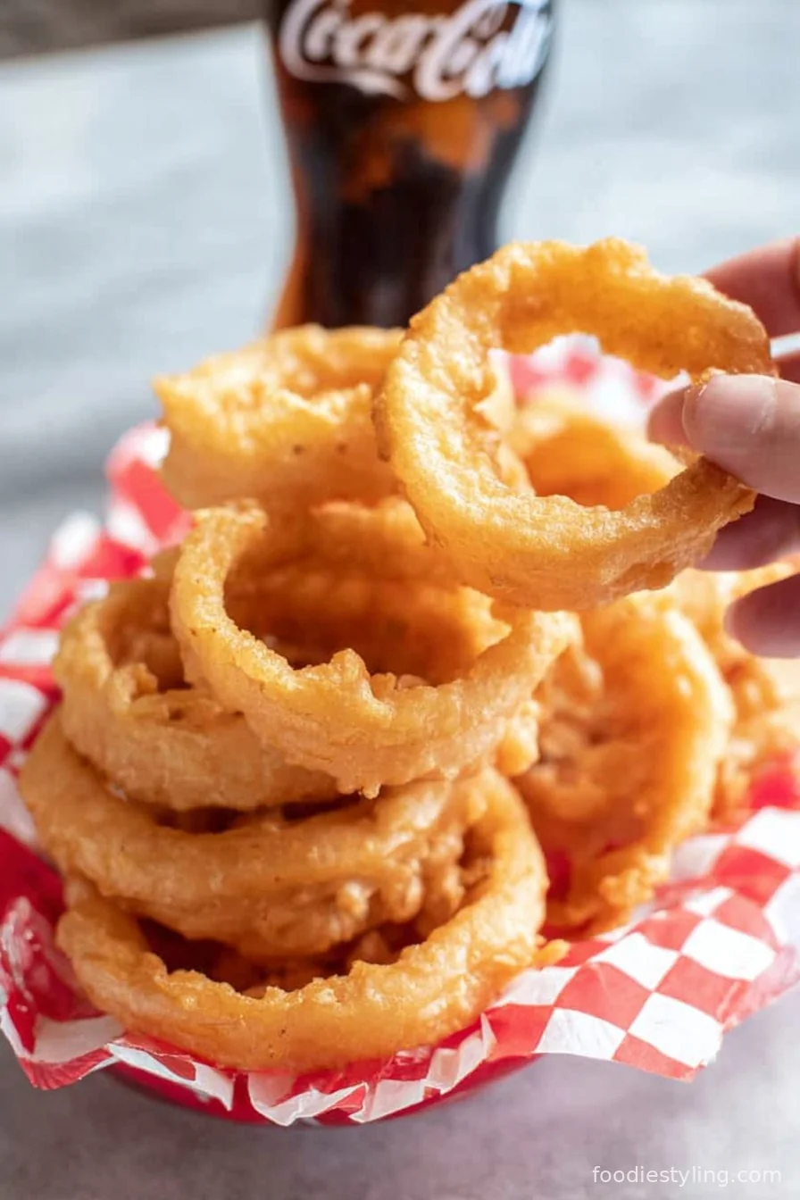Golden, crispy beer battered onion rings with a dipping sauce