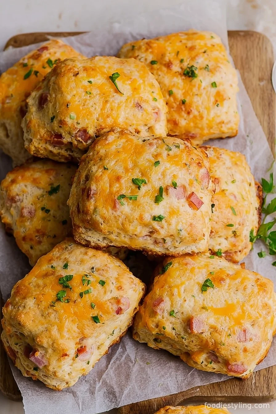 Fluffy, golden Breakfast Protein Biscuits with Ham and Cheddar fresh out of the oven