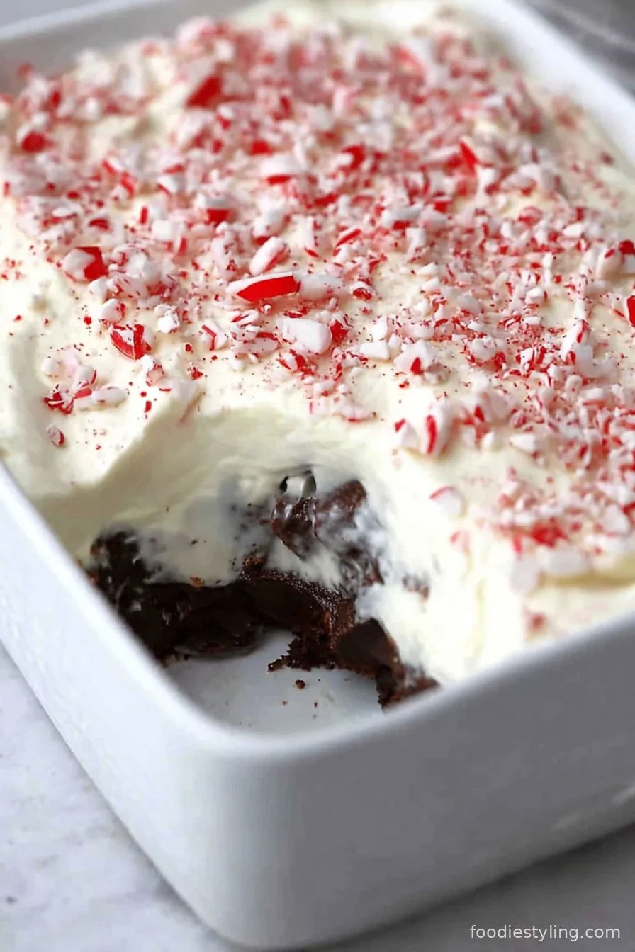 Decadent chocolate brownie peppermint bark trifle served in a glass bowl.