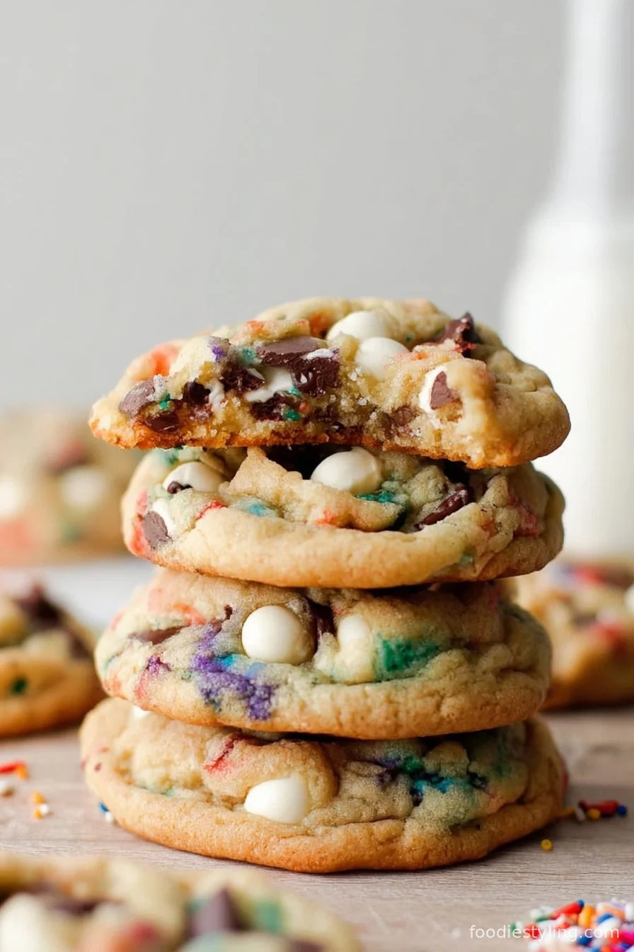 Soft, sprinkle-studded cookies with chocolate chips on a plate