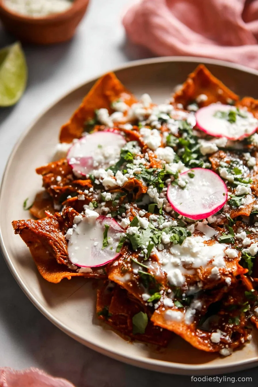 Golden tortilla chips smothered in red salsa, topped with egg, cheese, avocado, and cilantro