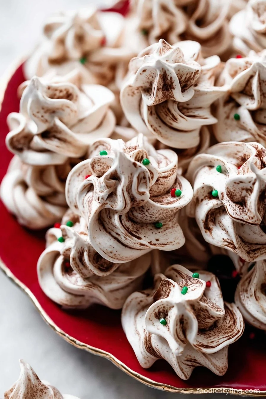 Chocolate Swirled Meringue Cookies on a baking sheet, crisp and glossy, with dramatic chocolate swirls