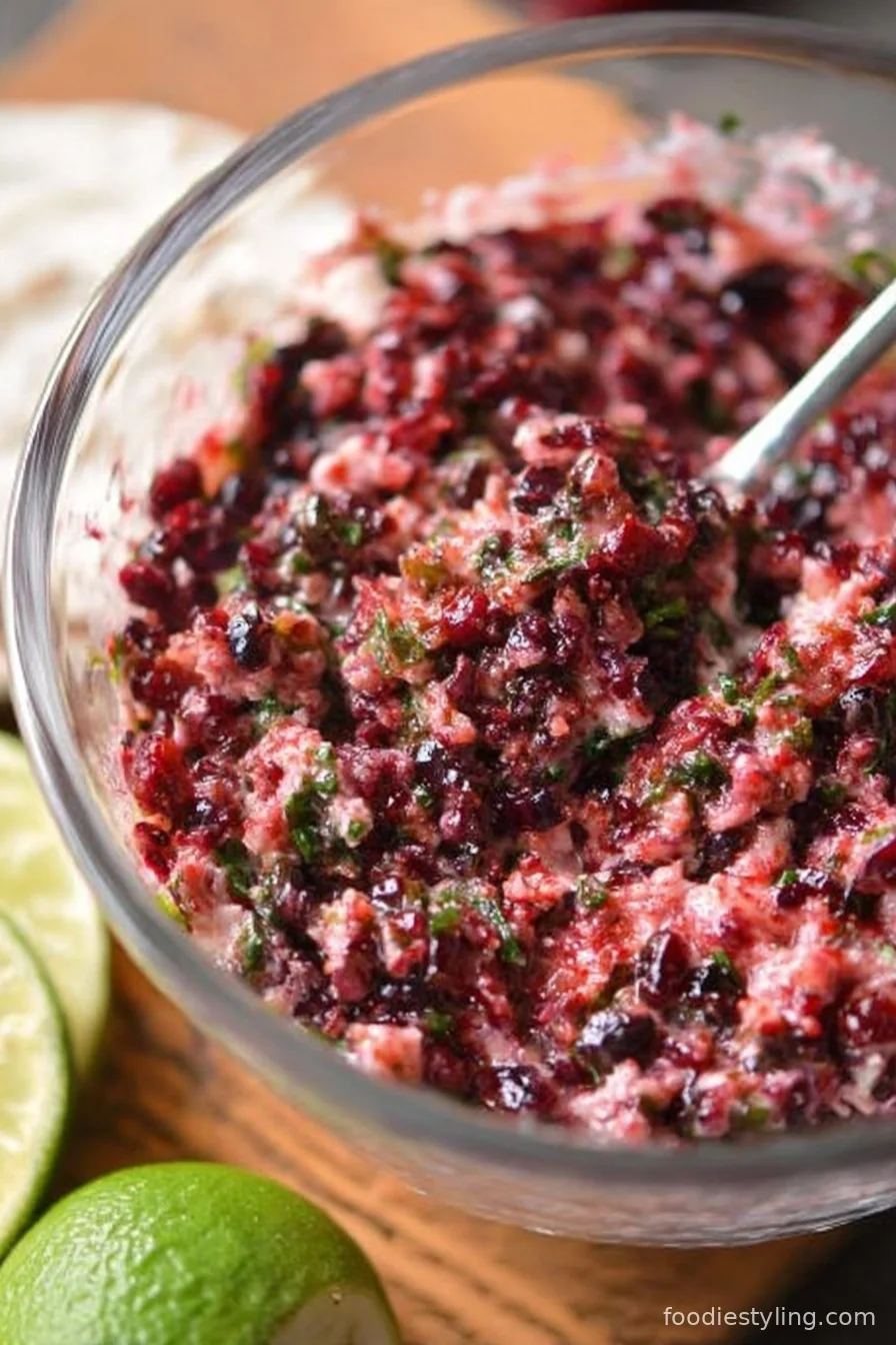 Festive bowl of Cranberry-Jalapeno Cream Cheese Dip with crackers and fresh herbs