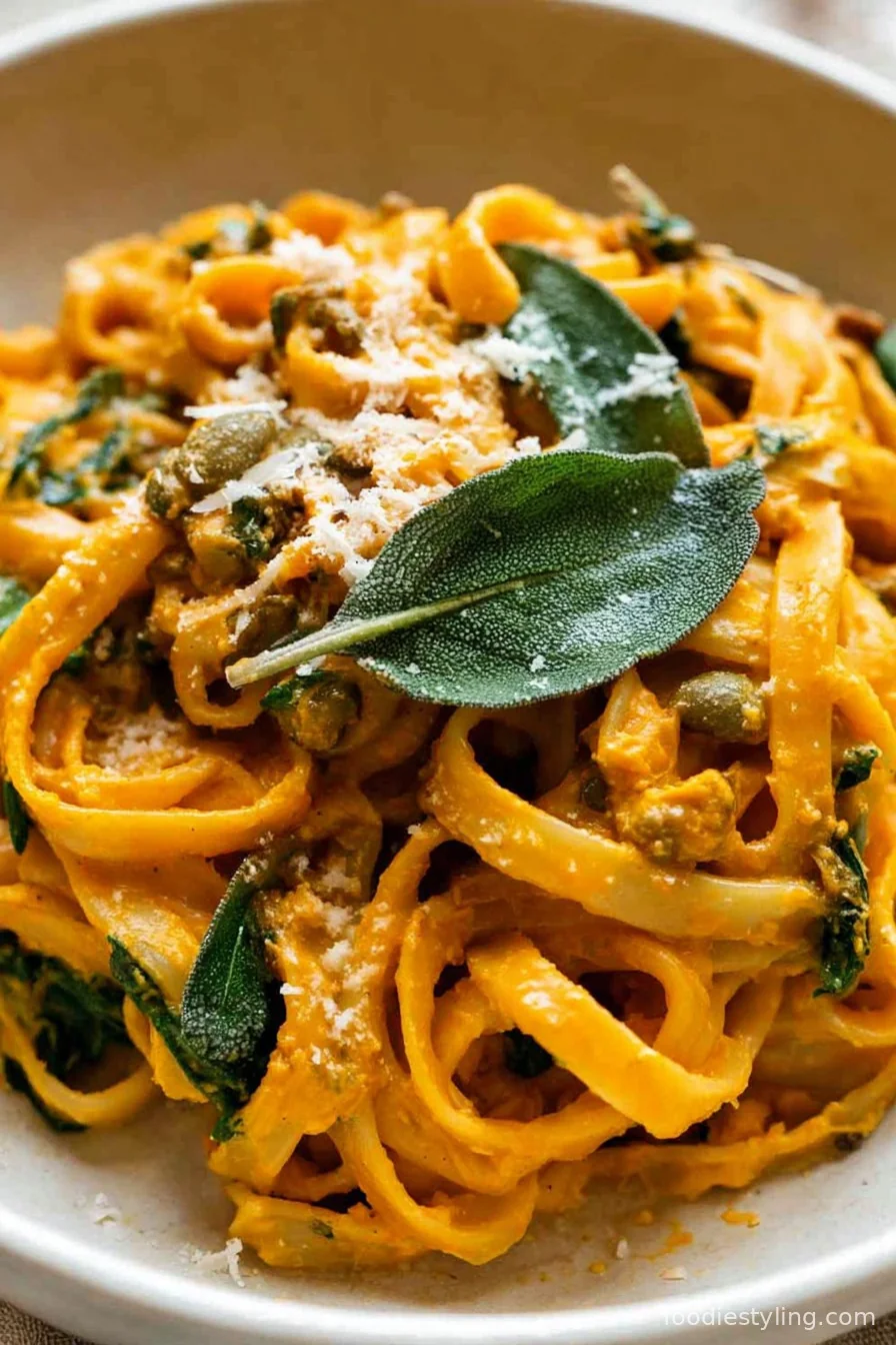 A bowl of creamy pumpkin pasta with sage and parmesan