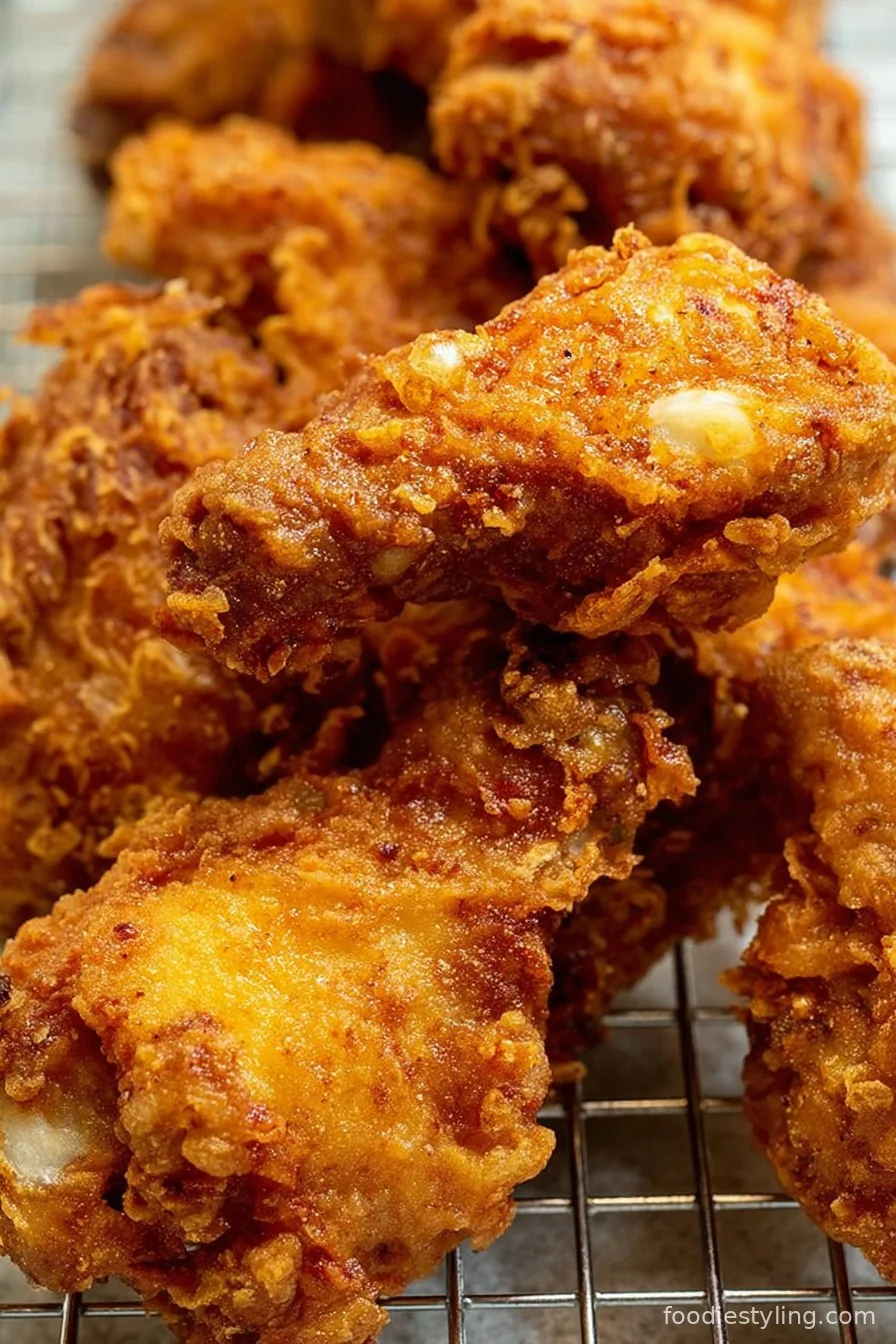 Pile of crispy fried BBQ chicken wings on a serving platter with BBQ sauce in background