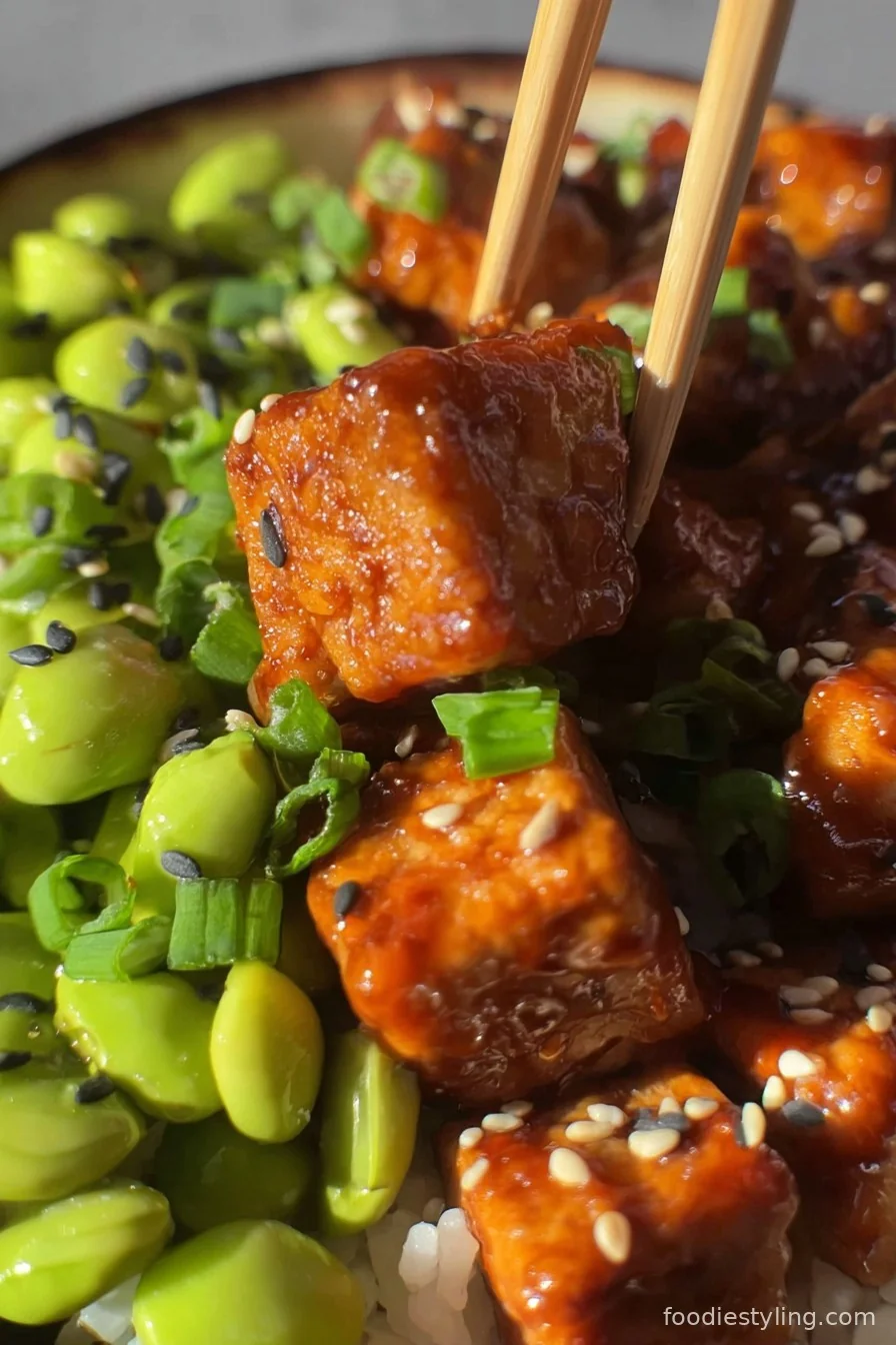 Crispy, golden tofu cubes in glossy sticky sauce over a bed of rice with green onions