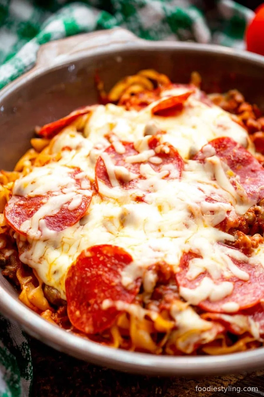 A cheesy crock pot pizza casserole topped with pepperoni and fresh basil