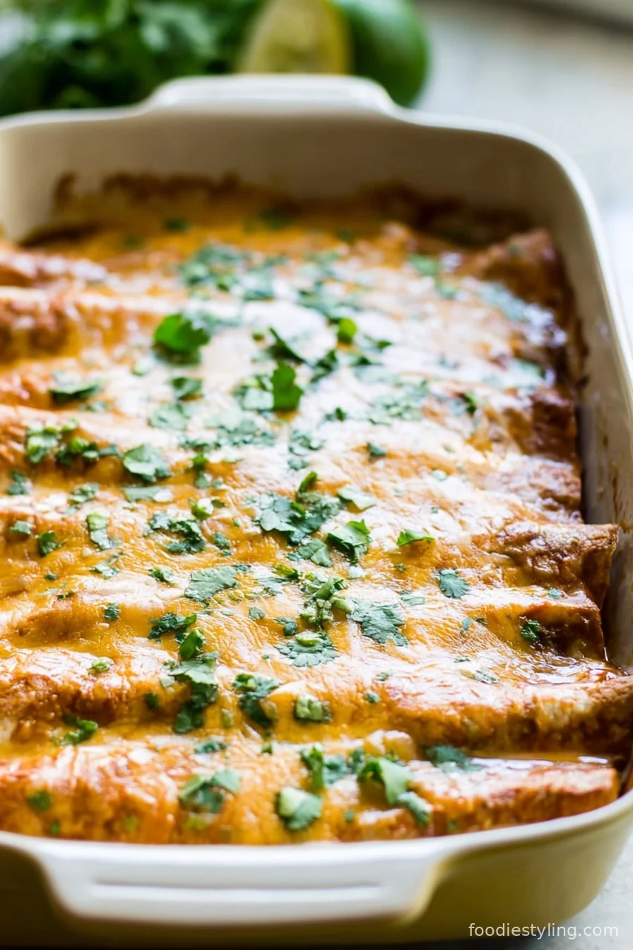 Delicious, cheesy chicken enchiladas plated with cilantro and lime