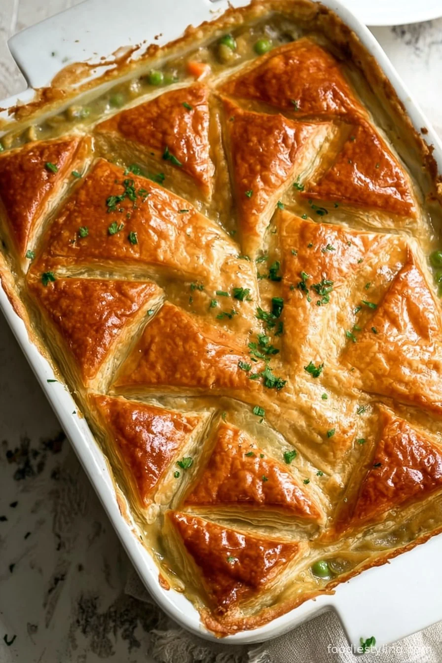 Golden chicken pot pie with flakey crust in a white baking dish