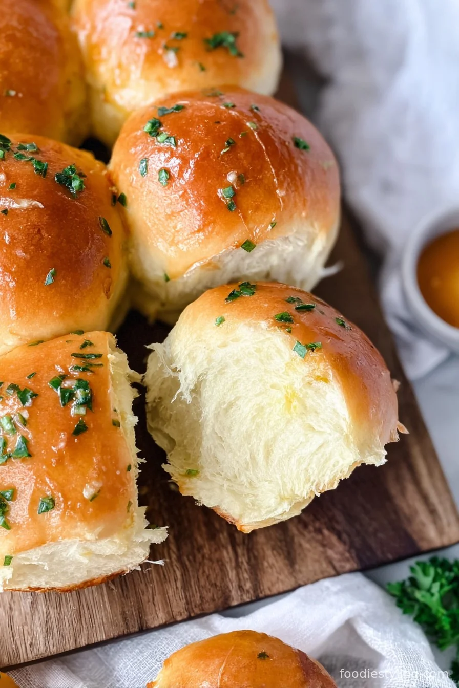 A golden basket of fluffy Easy Garlic Butter Dinner Rolls, glistening with melted butter