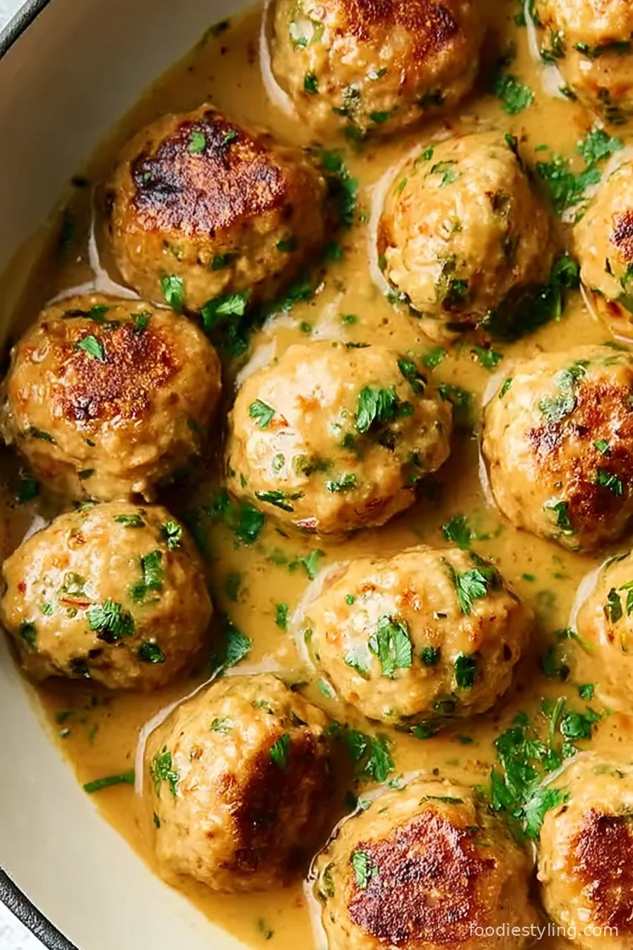 Juicy golden garlic butter chicken meatballs in skillet with parsley garnish
