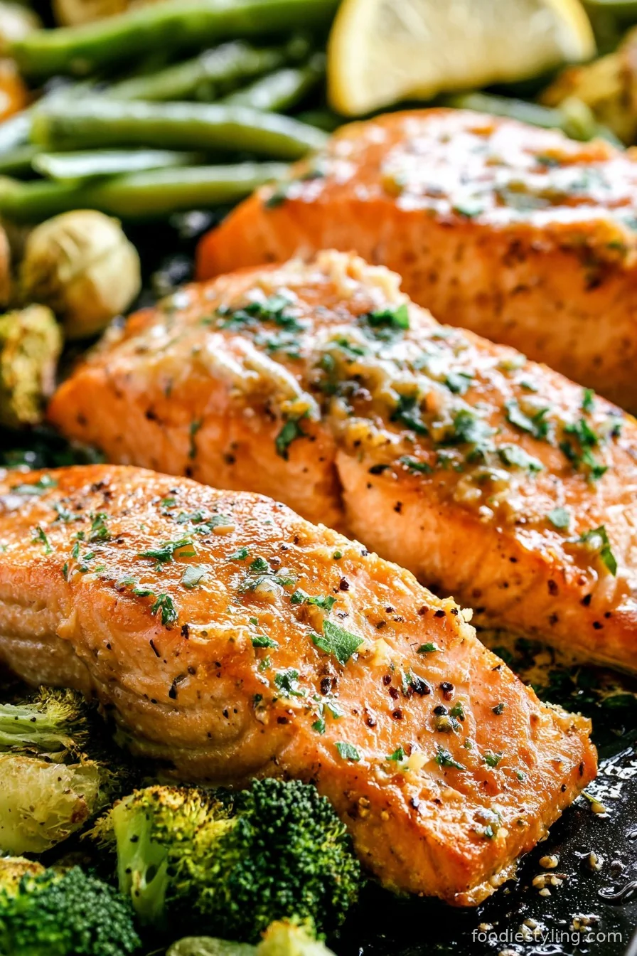 Juicy garlic butter salmon fillets in pan with lemon and parsley