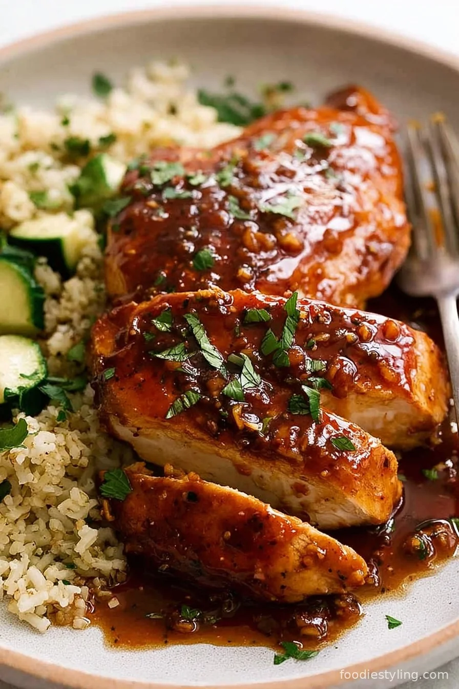 A golden-glazed chicken breast with fresh parsley and sesame seeds on a plate