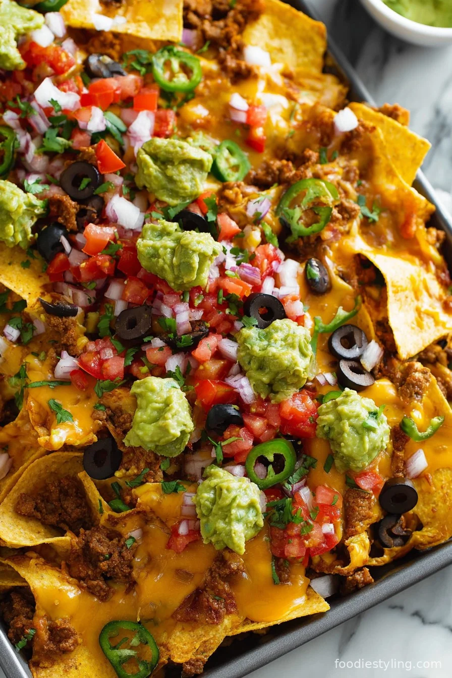 Platter of loaded nachos with toppings