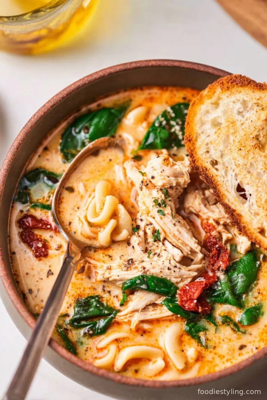 A golden, creamy bowl of Marry Me Chicken Soup with chunks of chicken, sun-dried tomatoes, and fresh basil.