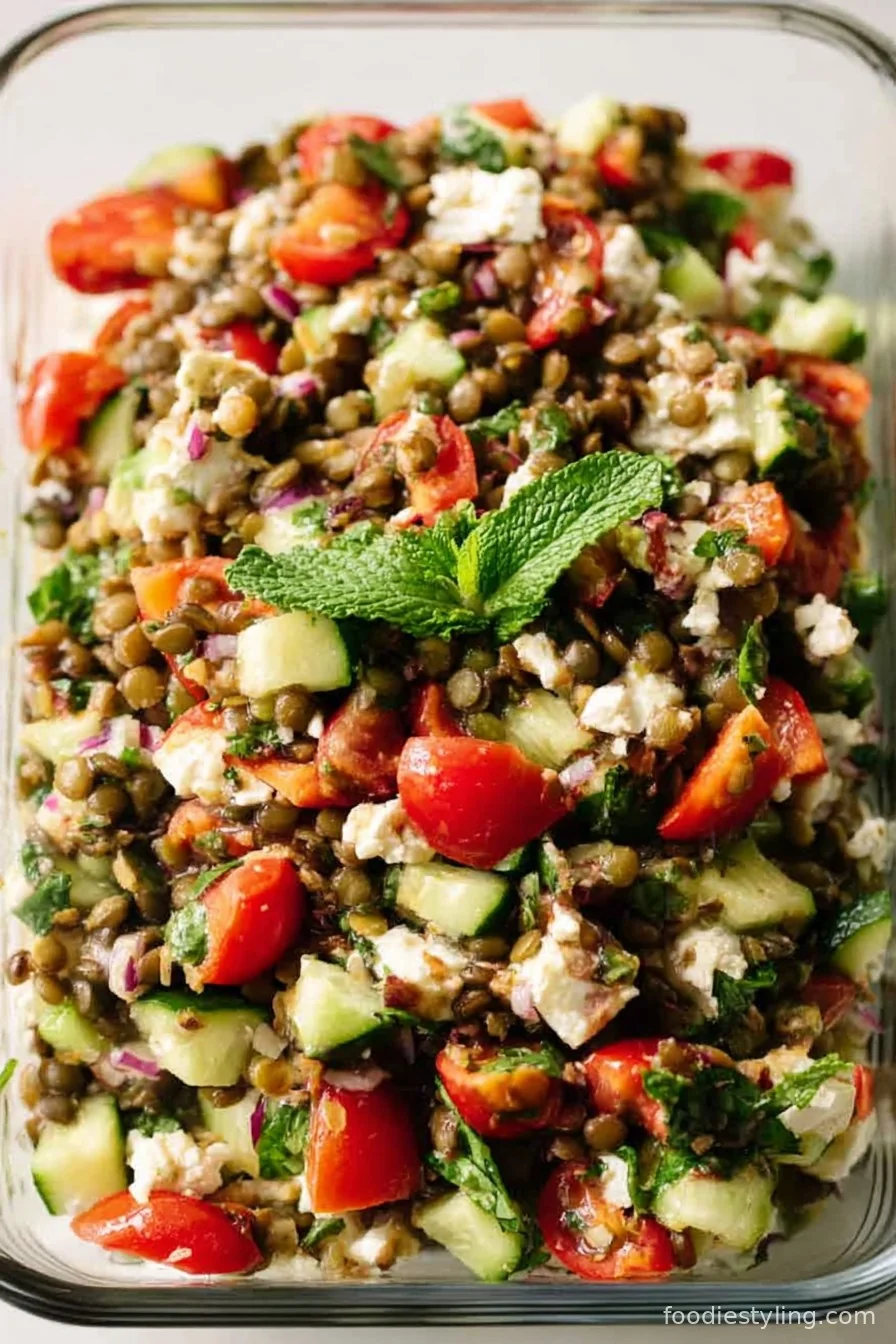 A vibrant bowl of Mediterranean Lentil Salad topped with feta and fresh mint