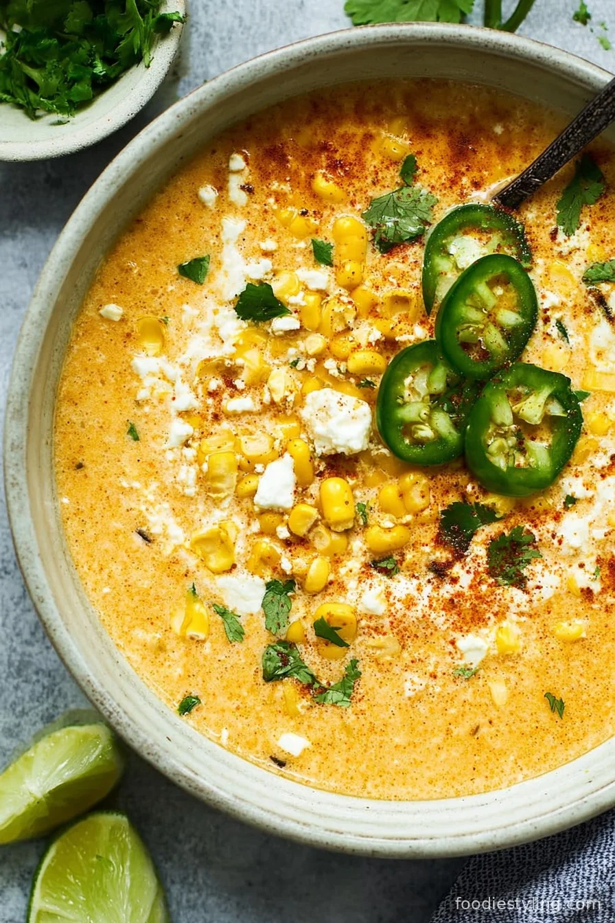 A bowl of Mexican Street Corn Soup topped with cotija cheese and fresh cilantro
