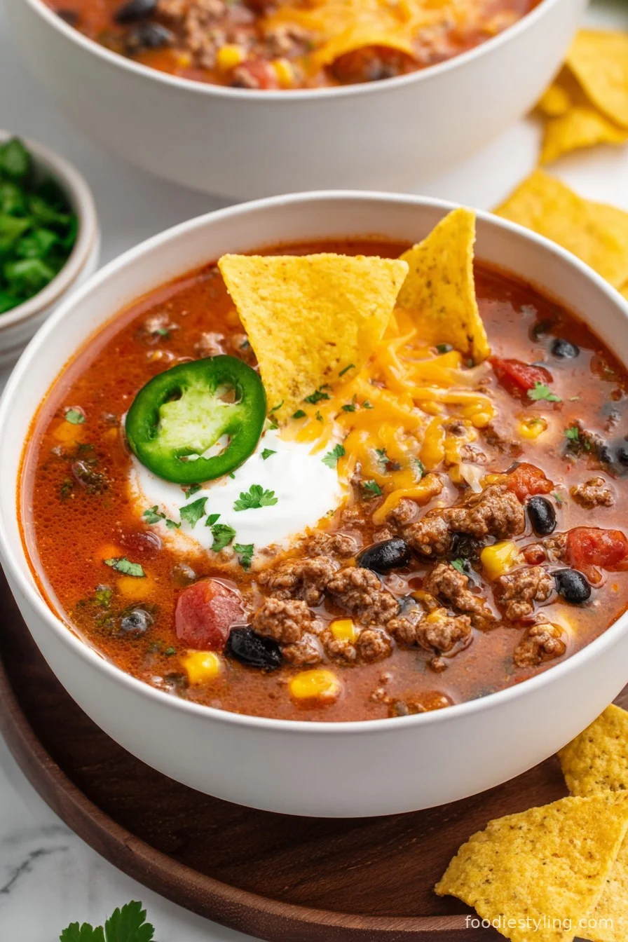 Steaming bowl of taco soup loaded with toppings