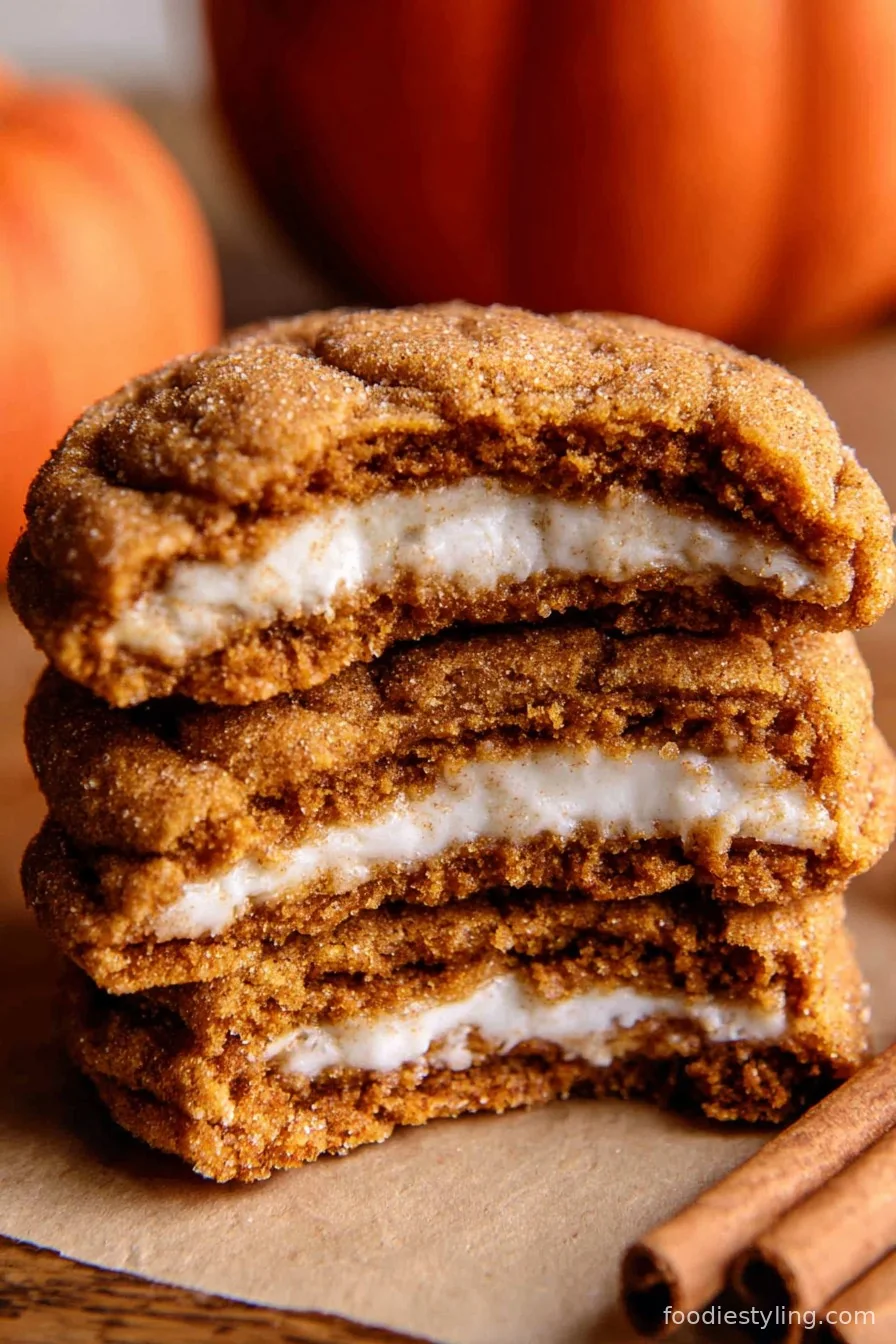 Soft pumpkin cookies with creamy cheesecake filling on a plate
