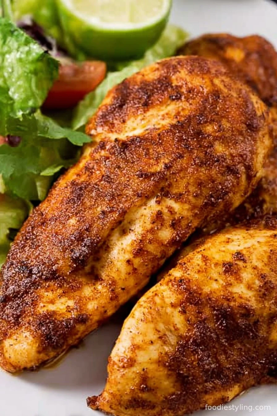 Delicious platter of Southwest Baked Chicken Tenderloins, garnished with fresh cilantro and lime wedges