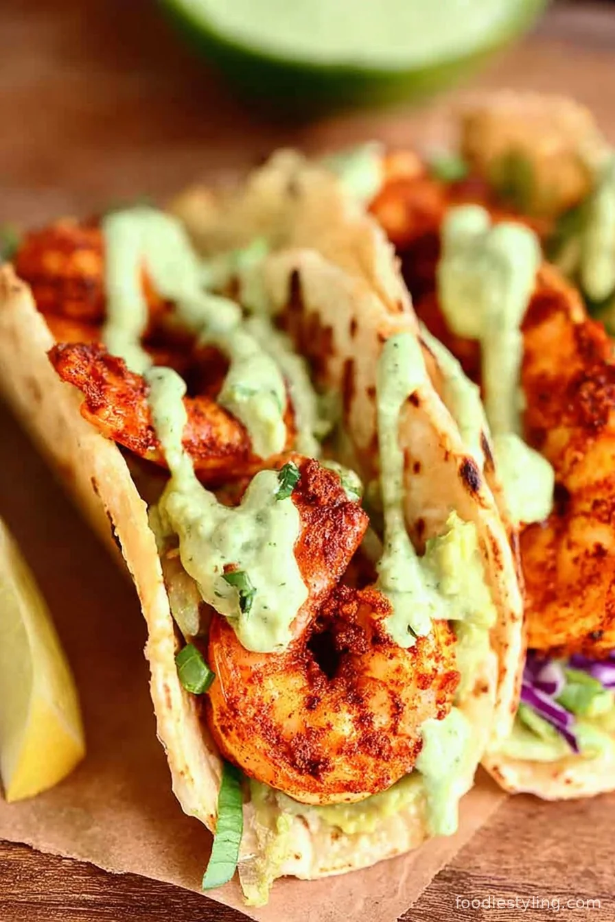 A platter of spicy shrimp tacos topped with fresh avocado crema, cilantro, and crunchy slaw.