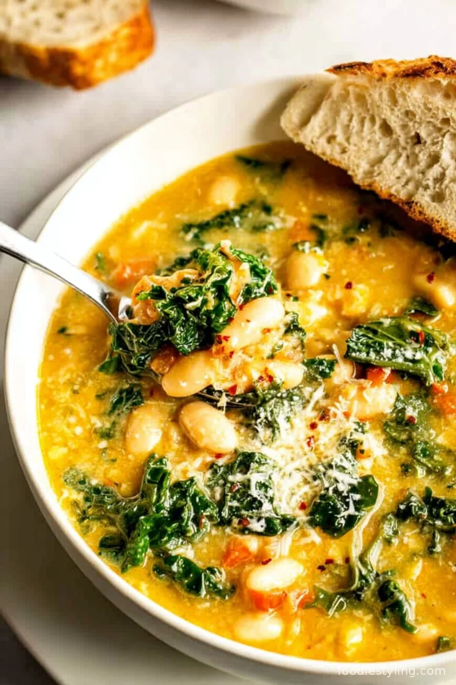 A cozy bowl of Tuscan White Bean Soup with Kale, topped with grated Parmesan and fresh herbs