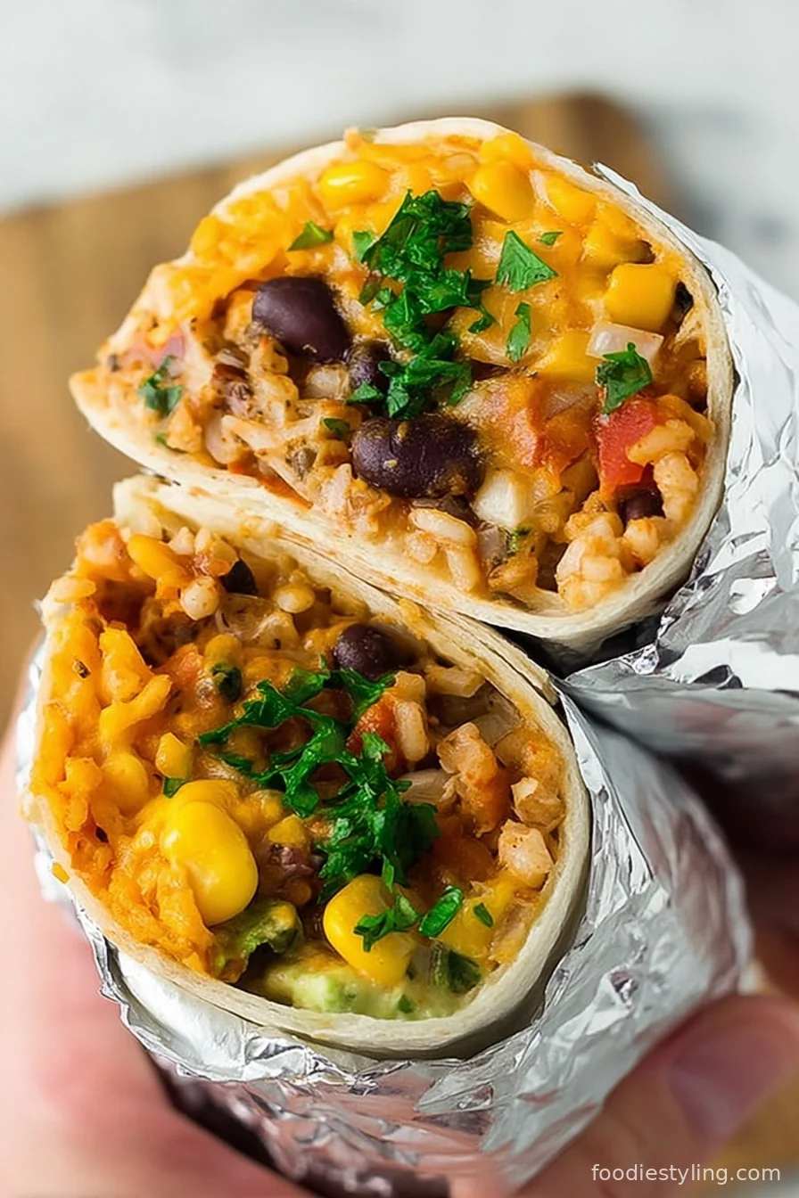 A delicious Vegan Burrito cut in half, overflowing with beans, rice, and veggies