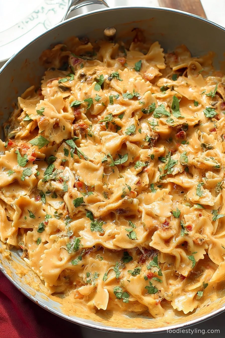A gorgeous bowl of Vegan Marry Me Pasta, glistening with creamy sauce, sun-dried tomatoes, and fresh basil